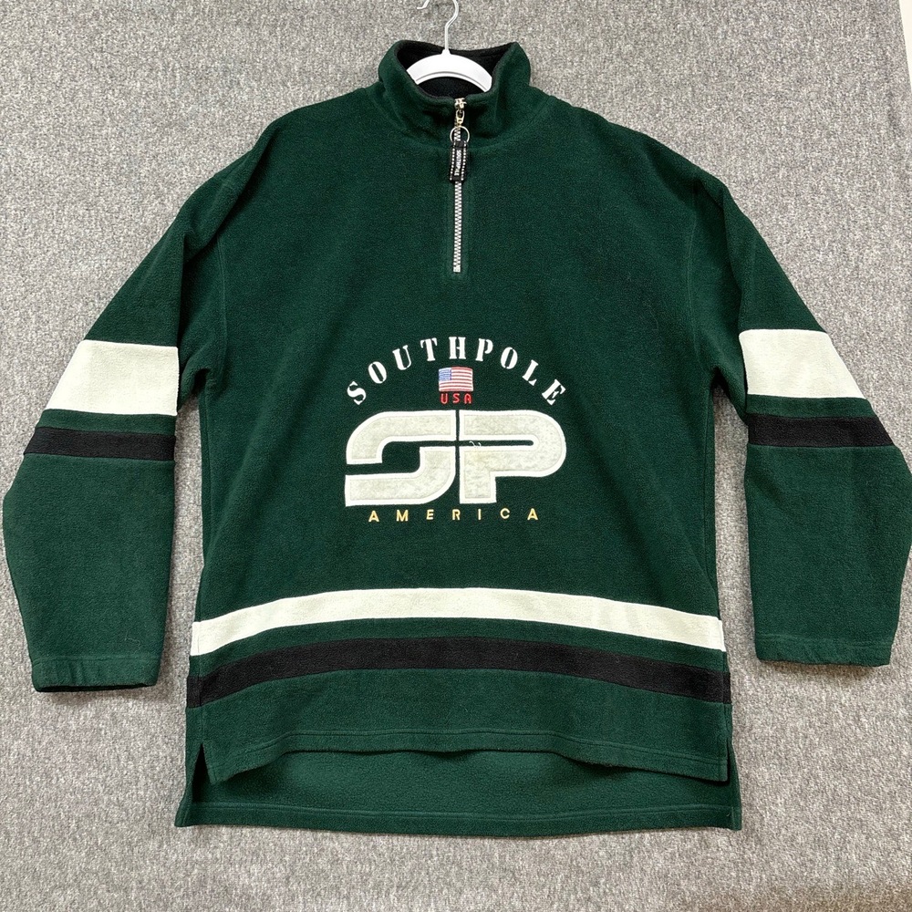 Southpole 1/4 Zip Sweatshirt Mens 2XL Green Fleece Pullover Striped Spellout